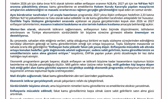 Memur-Sen'den OVP açıklaması: "Kamu görevlisi ve emeklisinin görev aylığı ile emekli aylığı arasındaki makasın kapatılmasını bekliyoruz"