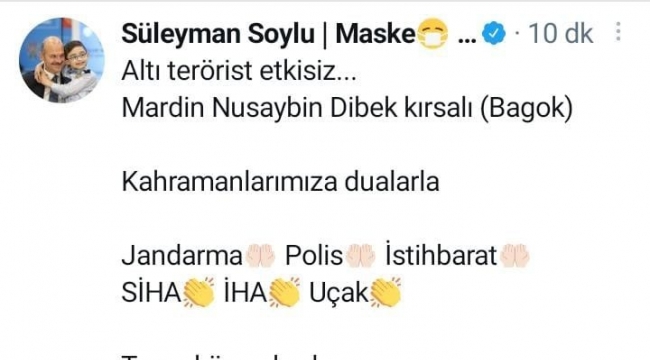 Bakan Soylu sosyal medya hesabından duyurdu: Mardin'de 6 terörist etkisiz hale getirildi