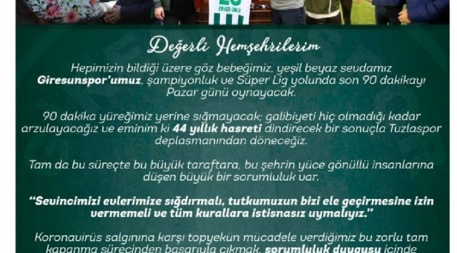 Giresun Valisi Ünlü'den Giresunlar'a şampiyonluk kutlaması uyarısı