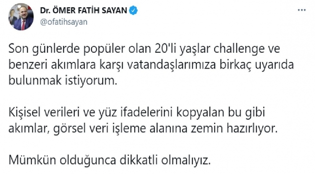 Ulaştırma ve Altyapı Bakan Yardımcısı Sayan'dan 20'li yaşlar challenge'a karşı uyarı
