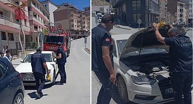 Araca sıkışan yavru kedi itfaiye tarafından kurtarıldı