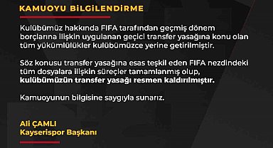 Başkan Çamlı müjdeyi verdi: "Transfer yasağı kalktı"