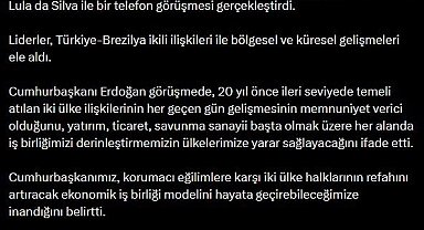 Cumhurbaşkanı Erdoğan, Brezilya Devlet Başkanı Silva ile telefonda görüştü