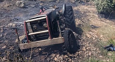 Erzin'de otluk alanda çıkan yangında alevler traktöre sıçradı