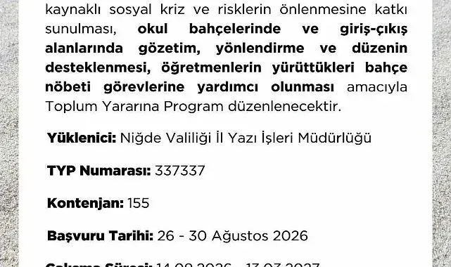 Niğde İŞKUR'dan okullar için 155 kişilik TYP duyurusu