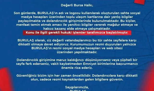 BURULAŞ'tan dolandıcılık uyarısı