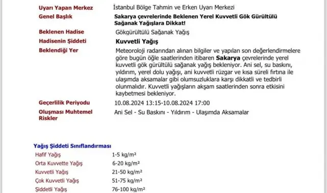 Sakarya Valiliği sağanağa karşı uyardı