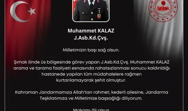 Şırnak'ta üs bölgesinde rahatsızlanan jandarma şehit oldu