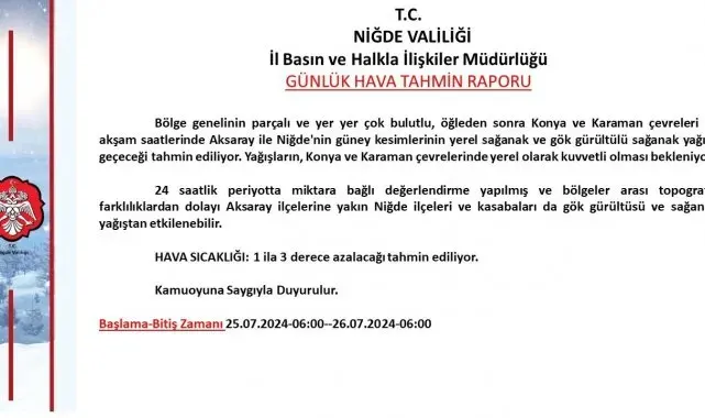 Niğde Valiliği'nden "kuvvetli yağış" uyarısı