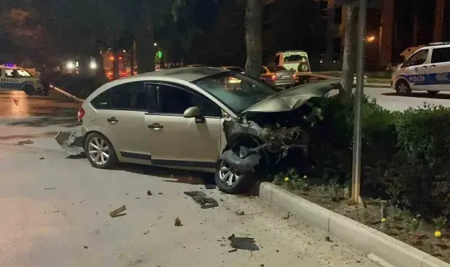 Otomobil park halindeki araçlara ve refüjdeki ağaca çarptı: 2 yaralı