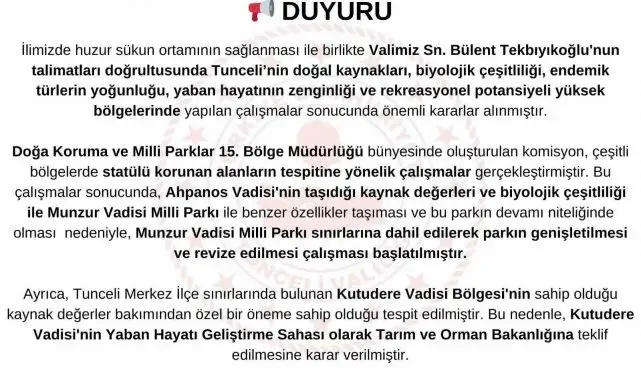 Ahpanos Vadisi, Munzur Vadisi Milli Parkı sınırlarına dahil edildi