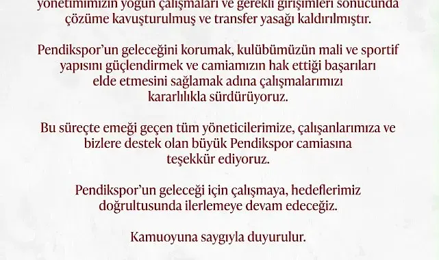 Pendikspor'un transfer yasağı kaldırıldı
