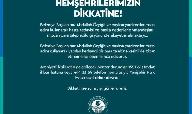 Yenişehir Belediyesi dolandırıcılara karşı vatandaşları uyardı