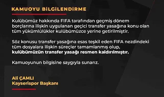 Başkan Çamlı müjdeyi verdi: "Transfer yasağı kalktı"