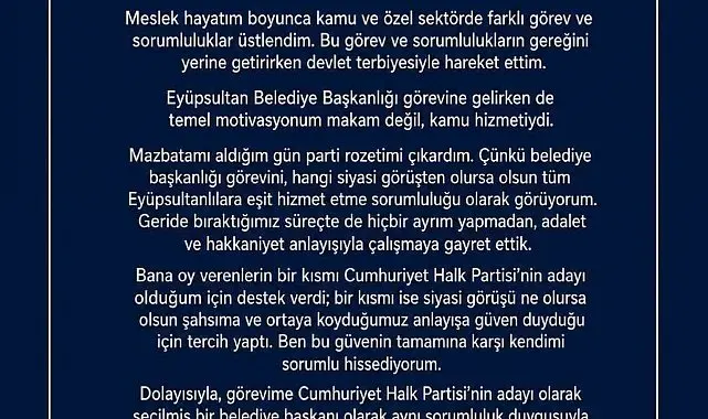 Eyüpsultan Belediye Başkanı Özmen, "Görevime CHP'nin seçilmiş bir belediye başkanı olarak devam edeceğim"