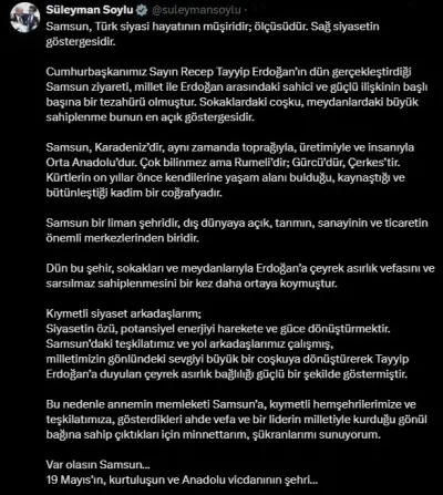 Süleyman Soylu'dan Samsun Açıklaması: Türk Siyasi Hayatının Müşiridir