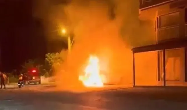 Dalaman'da park halindeki elektrikli araç alev alev yandı