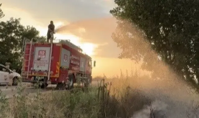 Tır lastiğinde çıkan yangın tarlaya sıçramadan söndürüldü