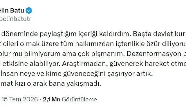 Deprem zamanında "Devlet yoktu" diye paylaşım yapan Pelin Batu özür diledi