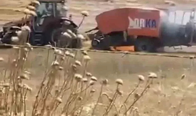 Balya makinesindeki yangın tarlaya sıçradı