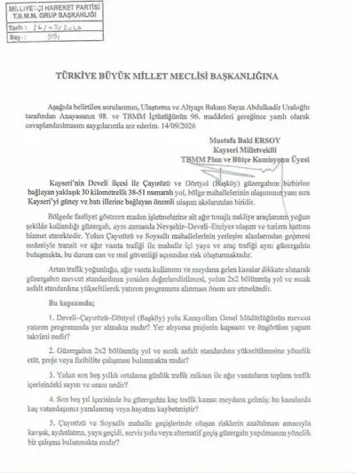 MHP'li Ersoy, Develi - Çayırözü - Dörtyol Ulaşım Güvenliğini Meclis Gündemine Taşıdı