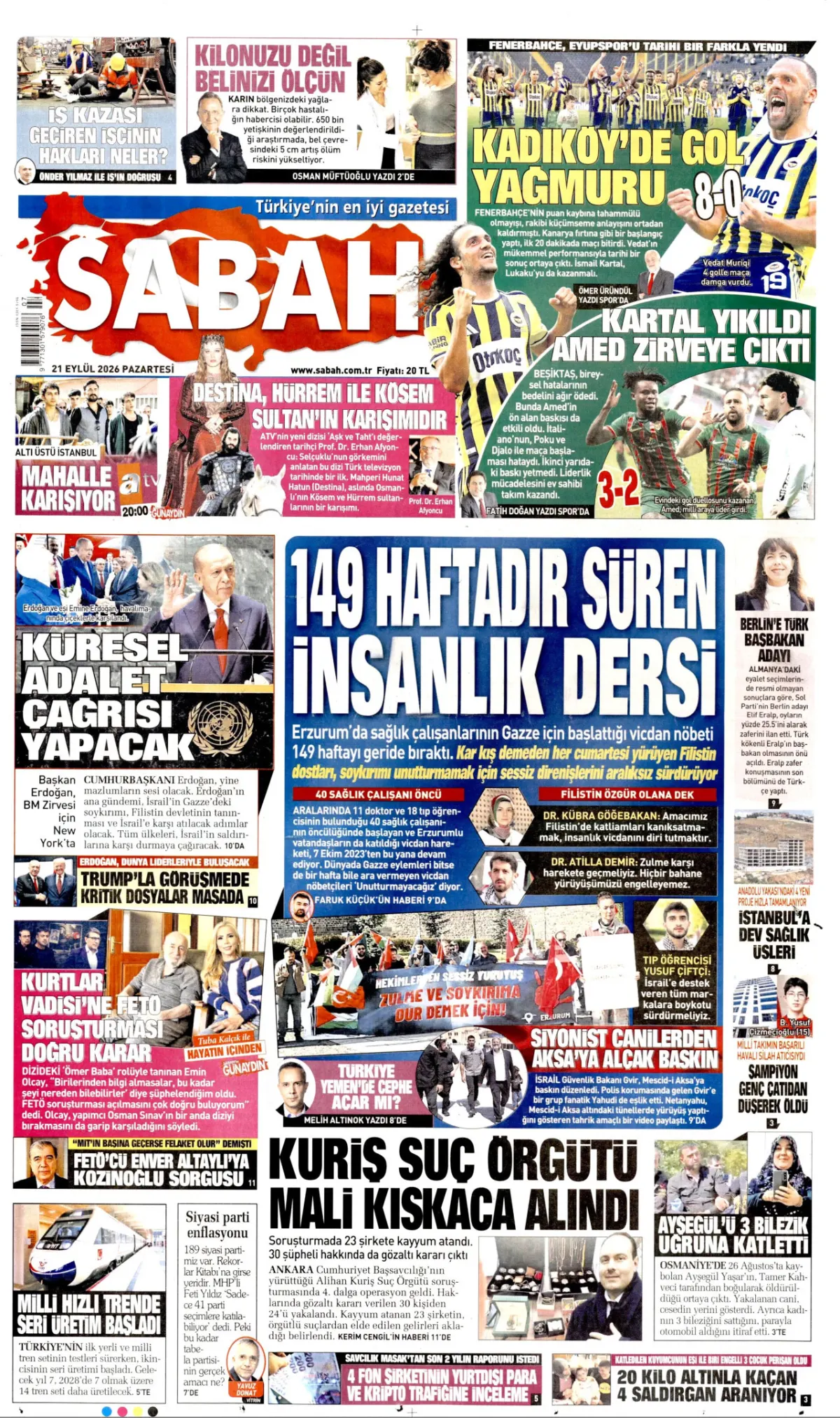 Sabah birinci sayfa manşeti (21 Eylül 2026)