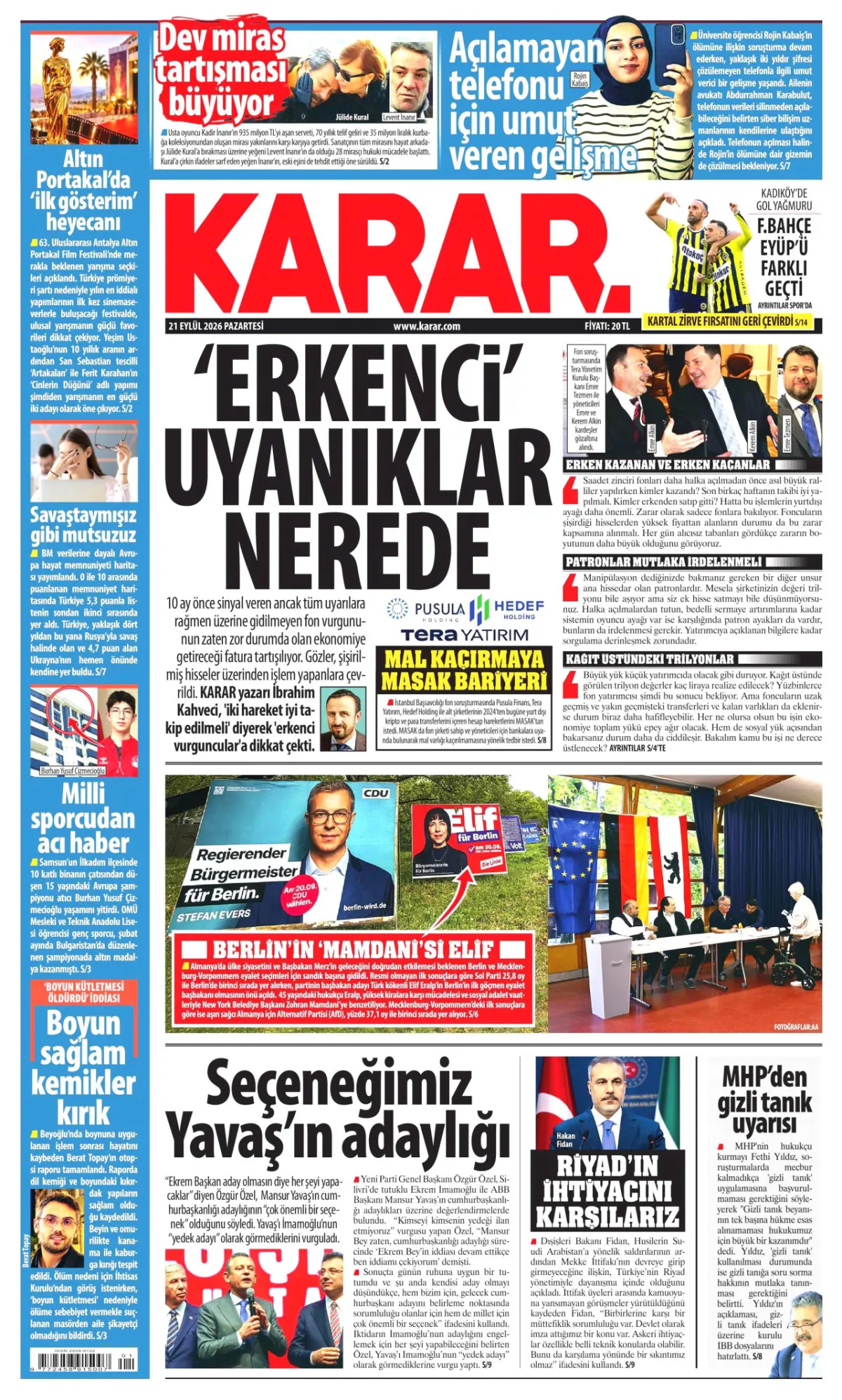 Karar birinci sayfa manşeti (21 Eylül 2026)