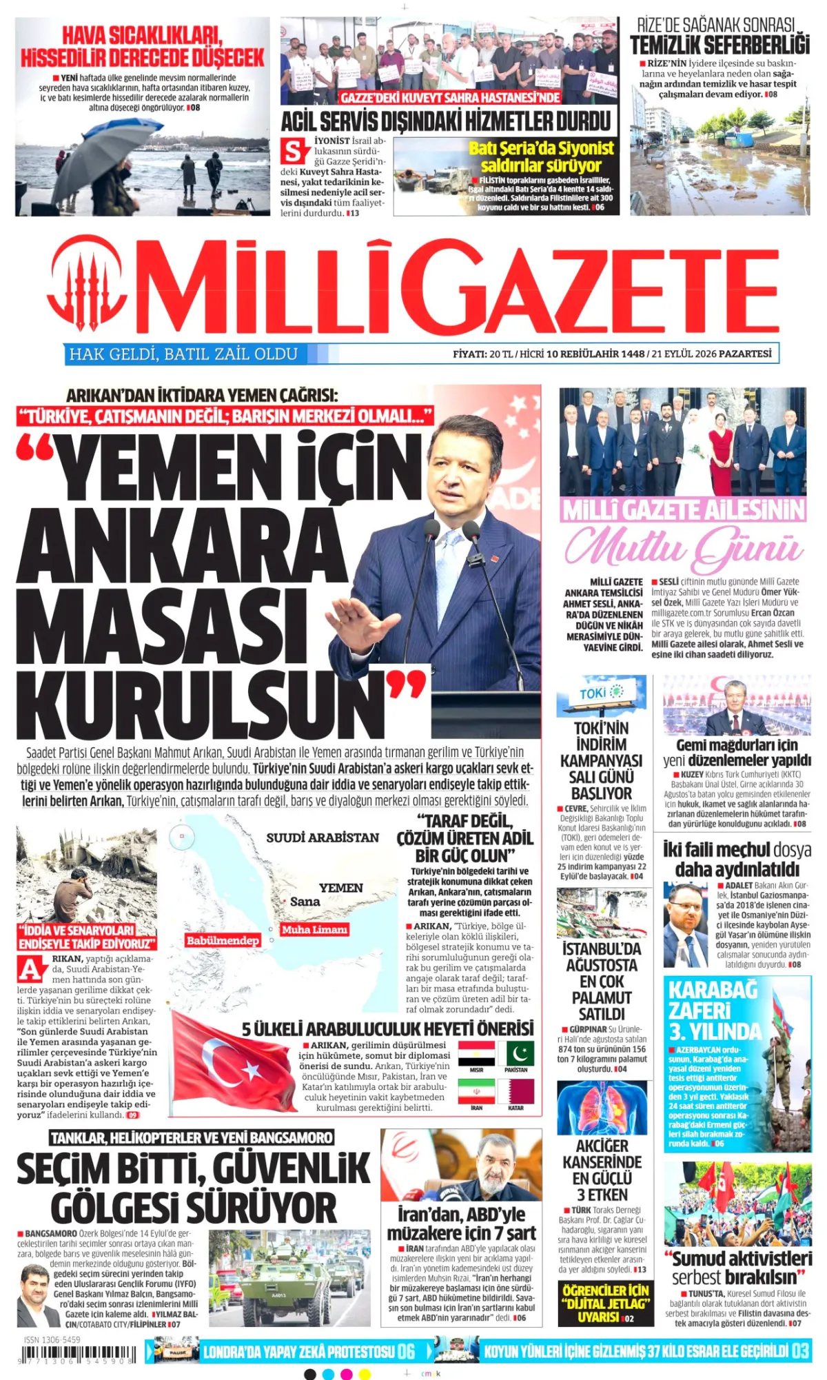 Milli birinci sayfa manşeti (21 Eylül 2026)