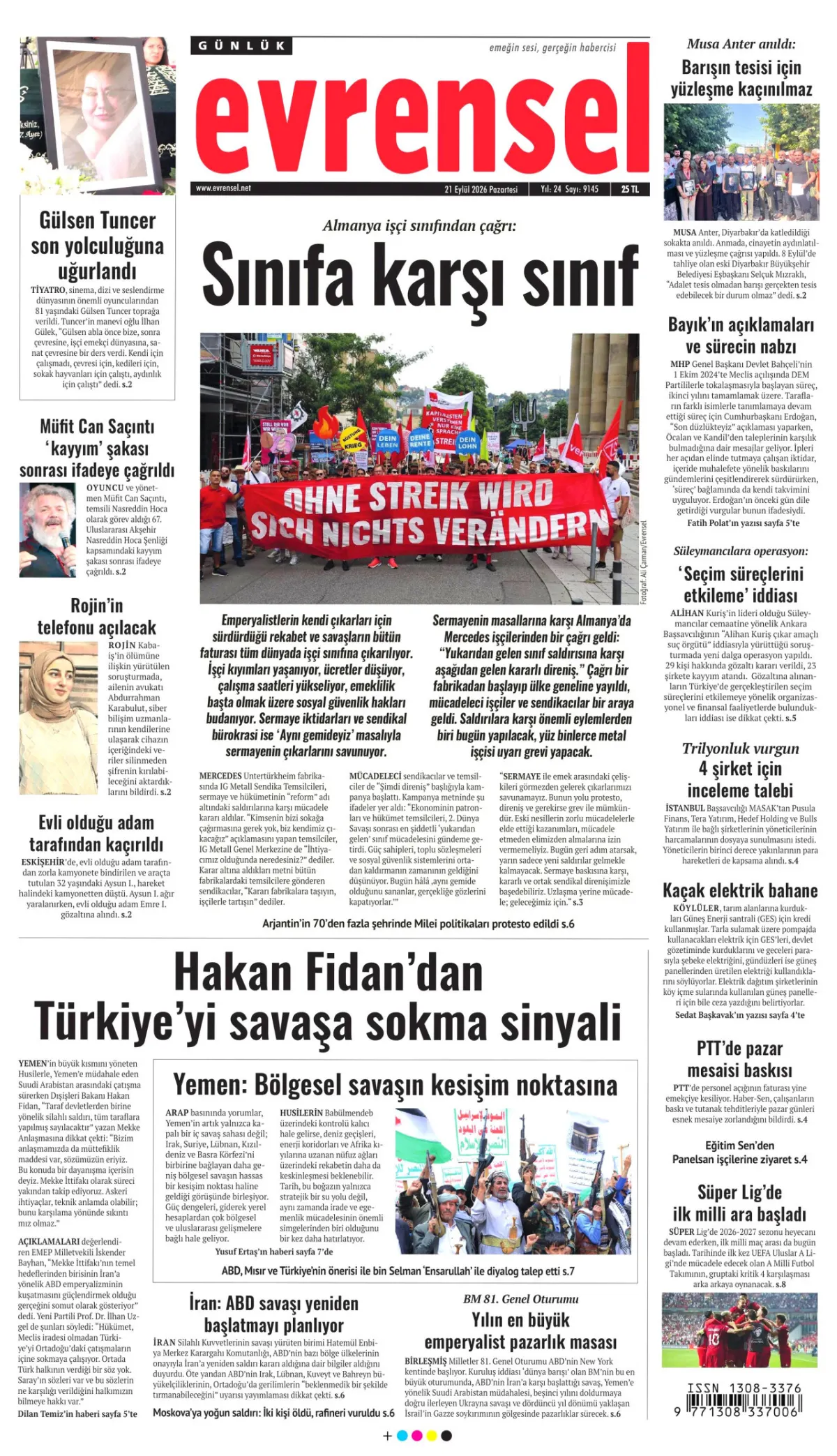 Evrensel birinci sayfa manşeti (21 Eylül 2026)