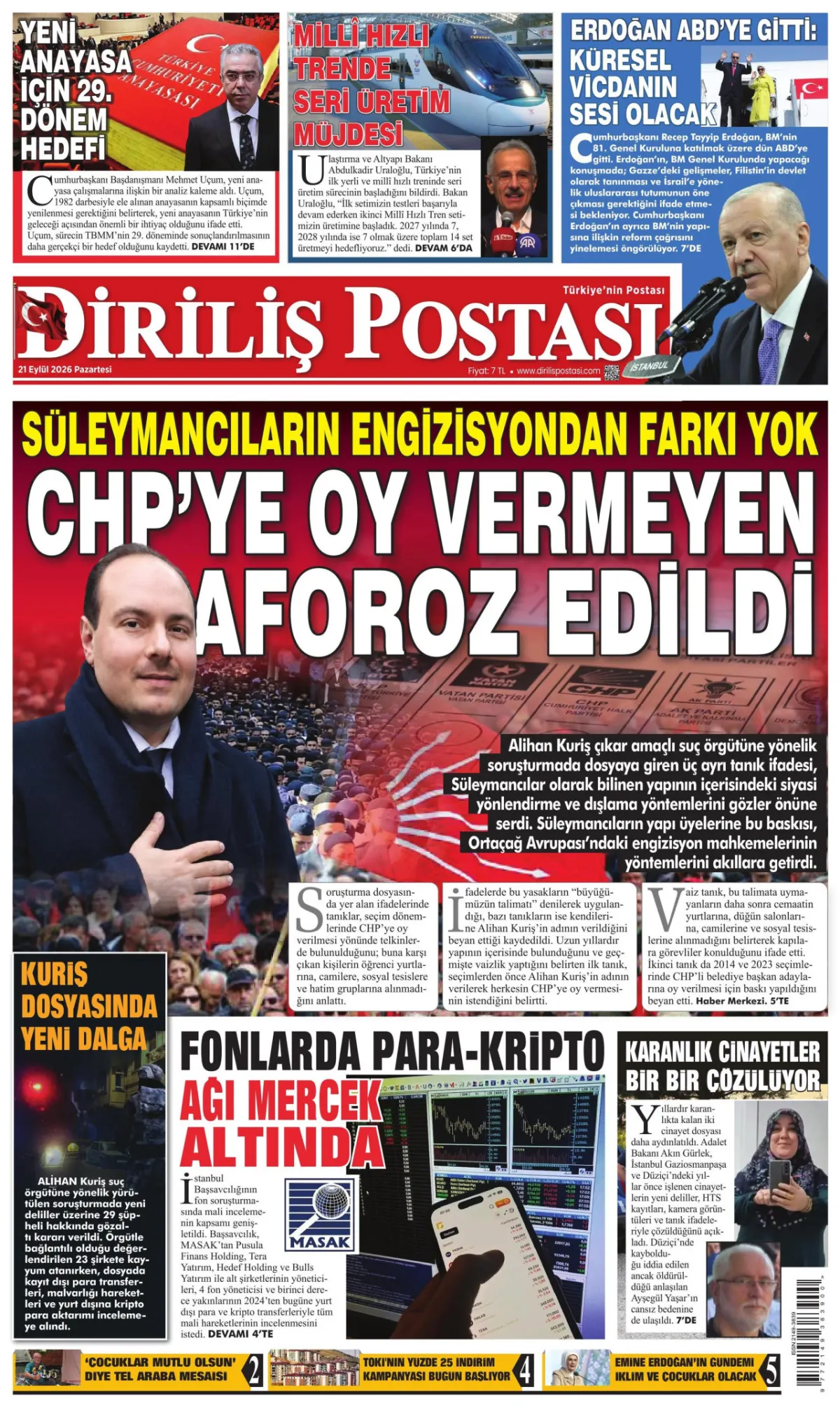 Diriliş Postası birinci sayfa manşeti (21 Eylül 2026)