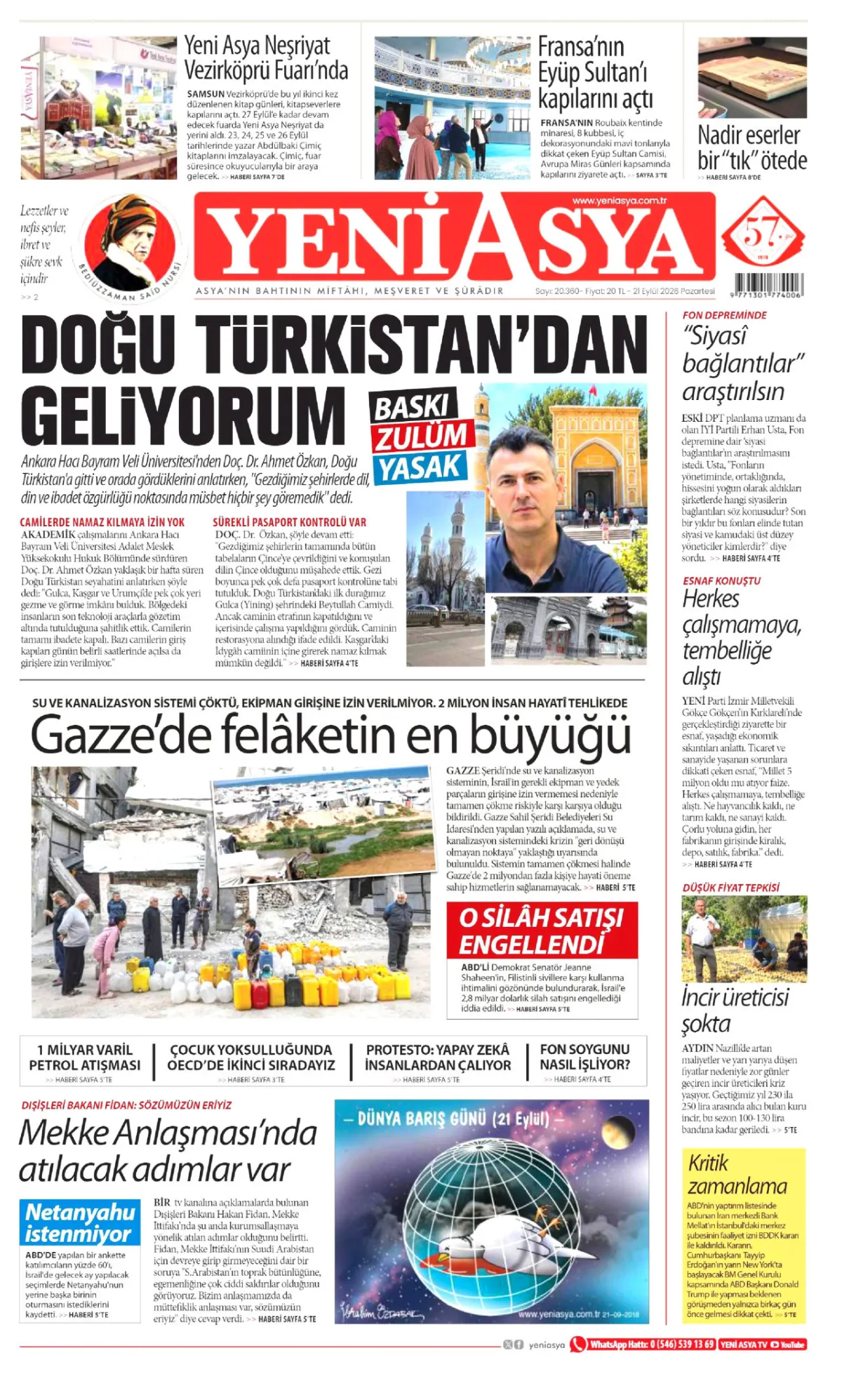 Yeni Asya birinci sayfa manşeti (21 Eylül 2026)