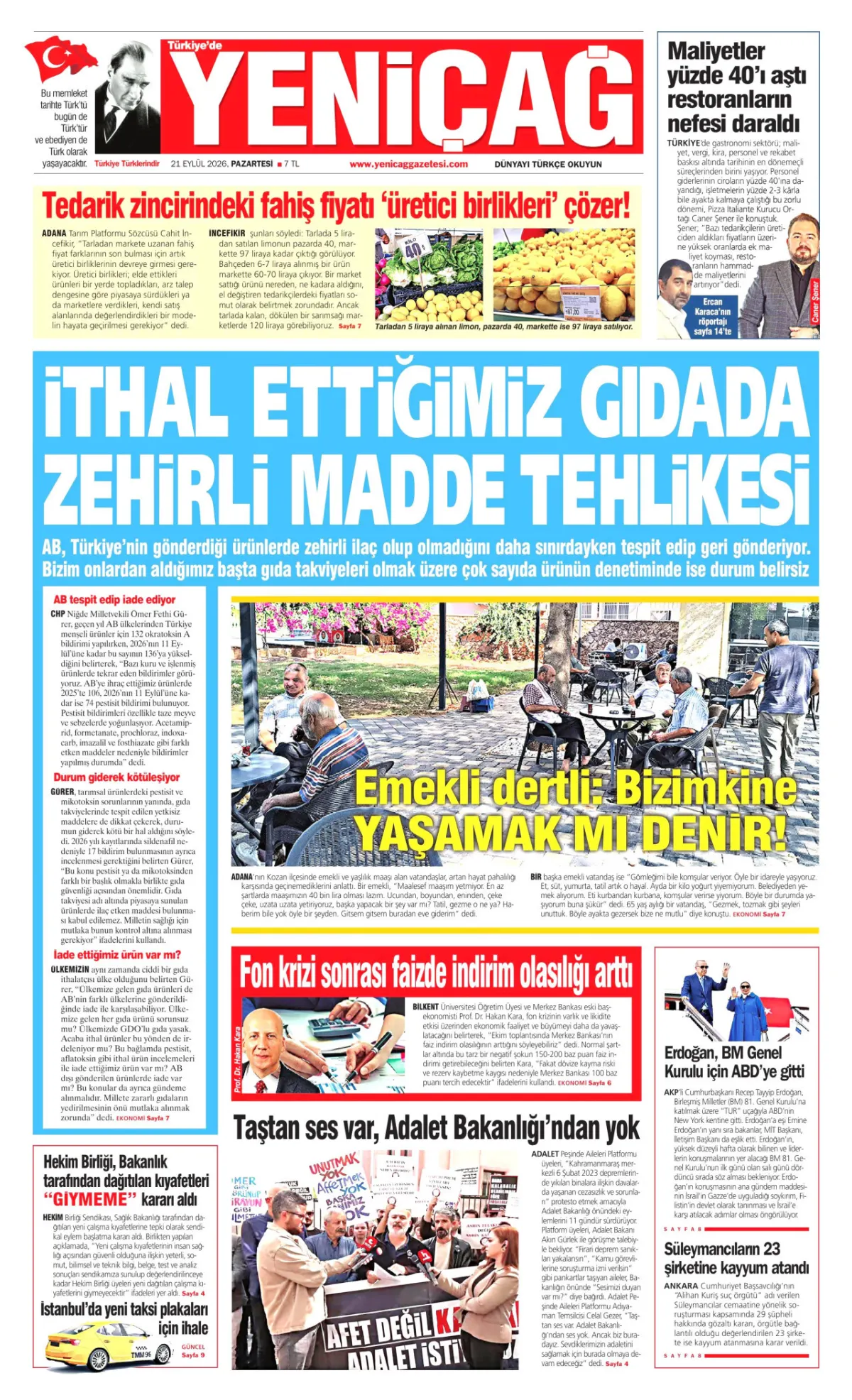 Yeniçağ birinci sayfa manşeti (21 Eylül 2026)