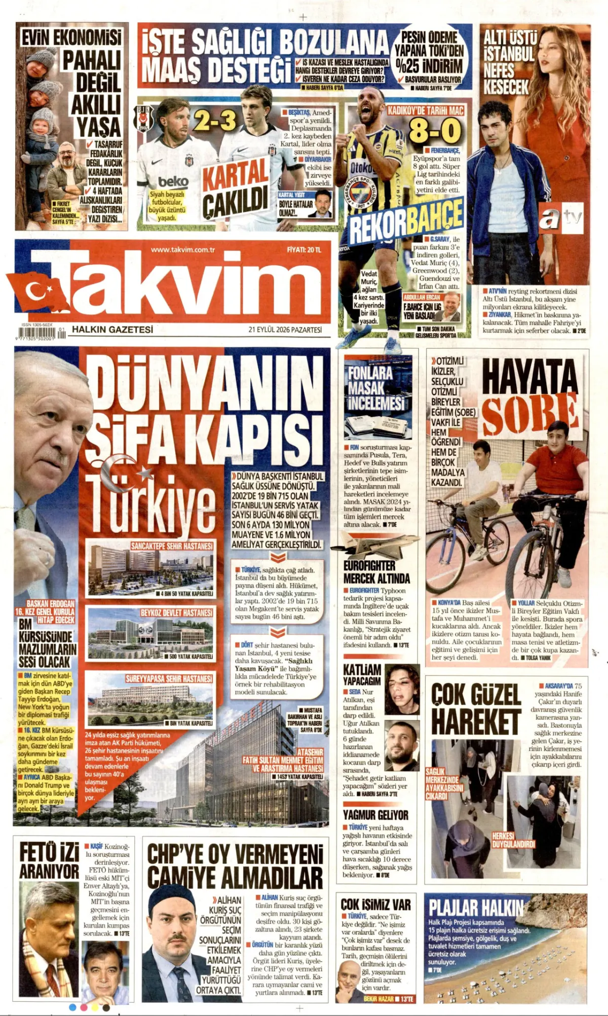 Takvim birinci sayfa manşeti (21 Eylül 2026)