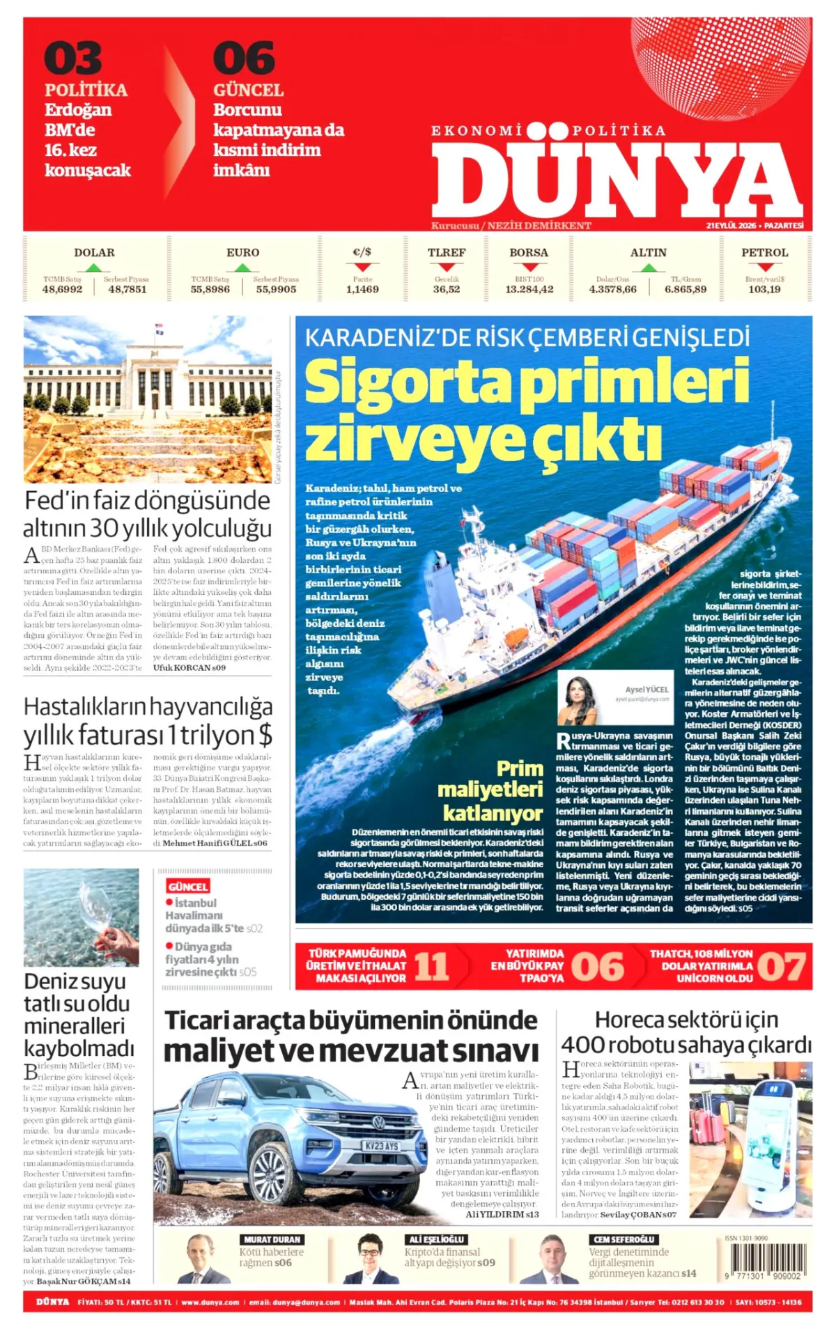 Dünya birinci sayfa manşeti (21 Eylül 2026)
