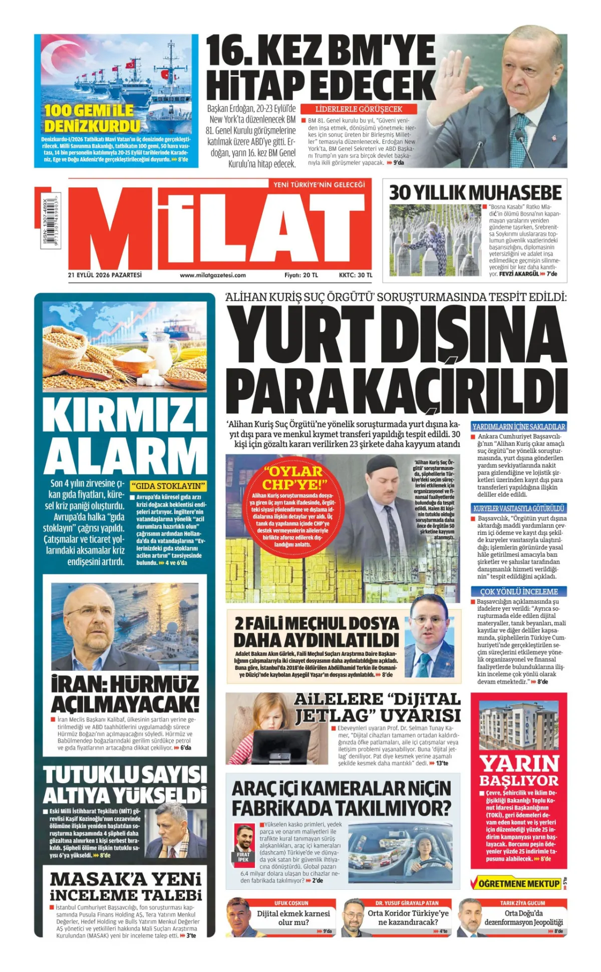 Milat birinci sayfa manşeti (21 Eylül 2026)