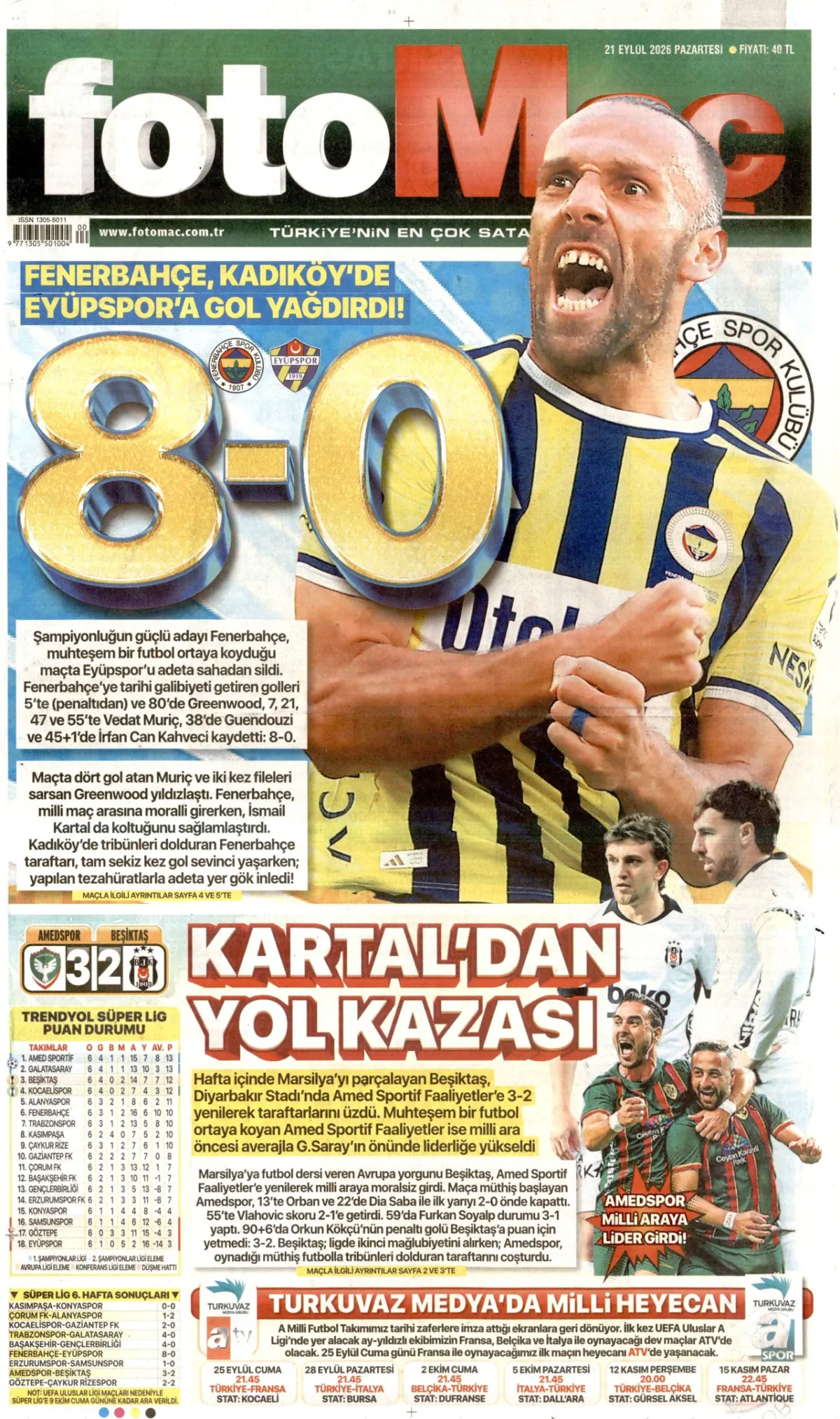 Fotomaç birinci sayfa manşeti (21 Eylül 2026)