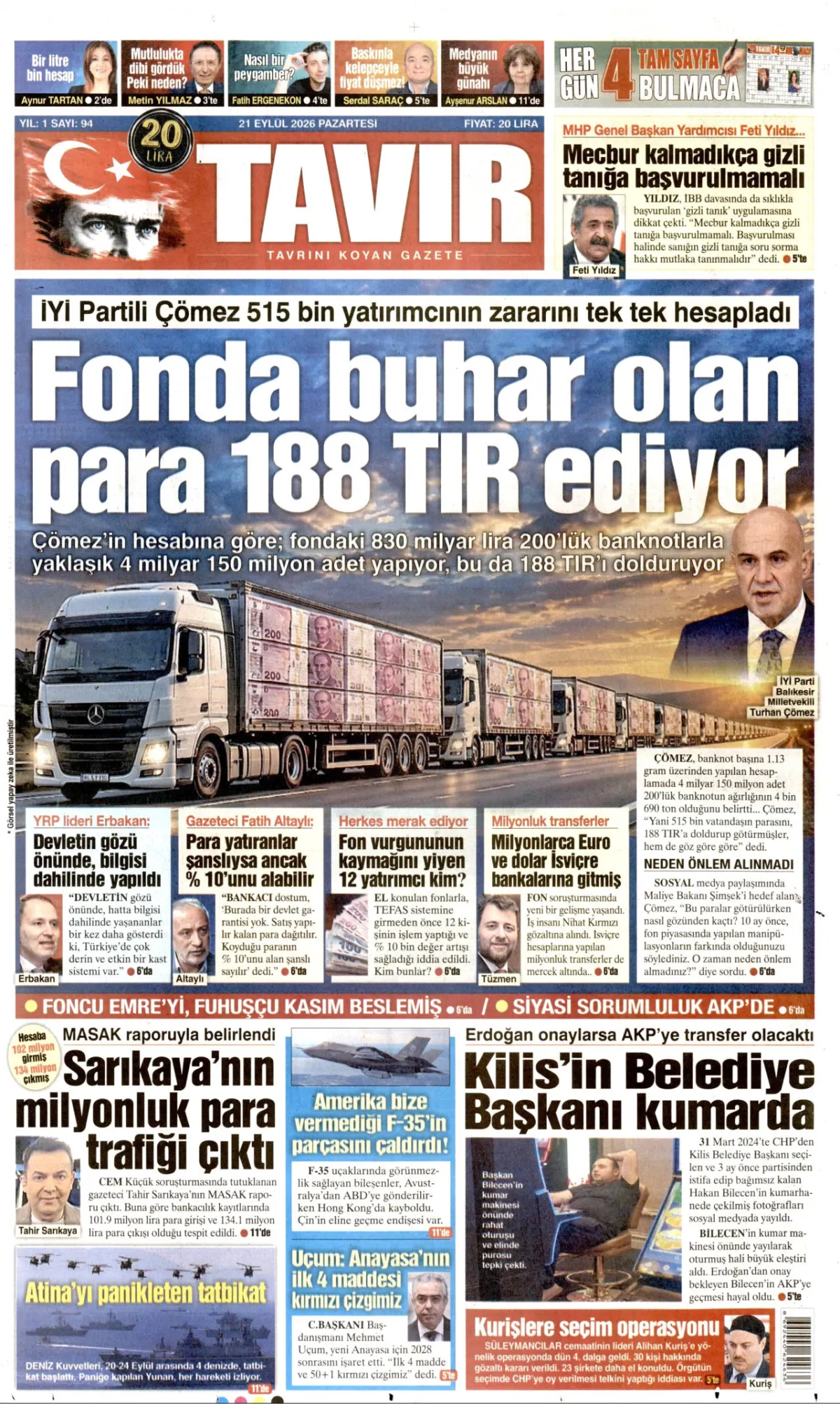 Tavır birinci sayfa manşeti (21 Eylül 2026)