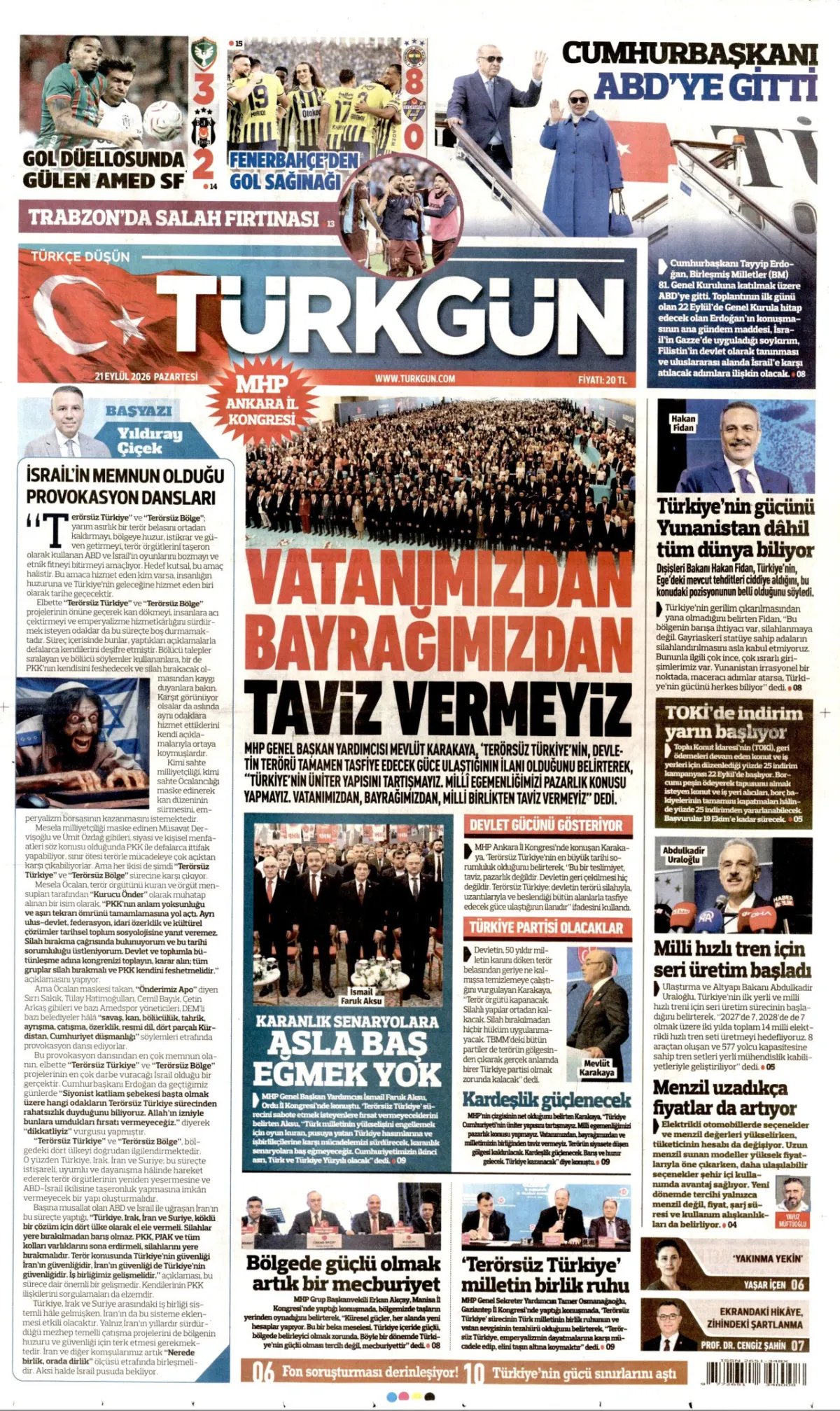 Türkgün birinci sayfa manşeti (22 Eylül 2026)