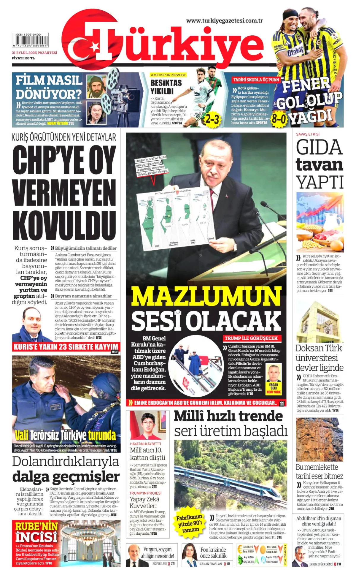 Türkiye birinci sayfa manşeti (22 Eylül 2026)