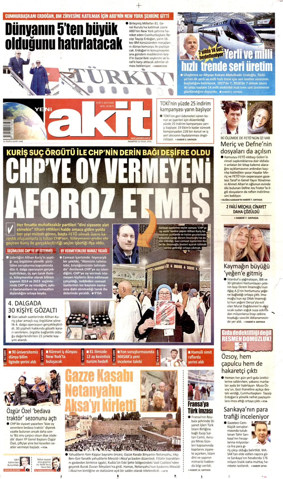 Yeni Akit birinci sayfa manşeti (22 Eylül 2026)
