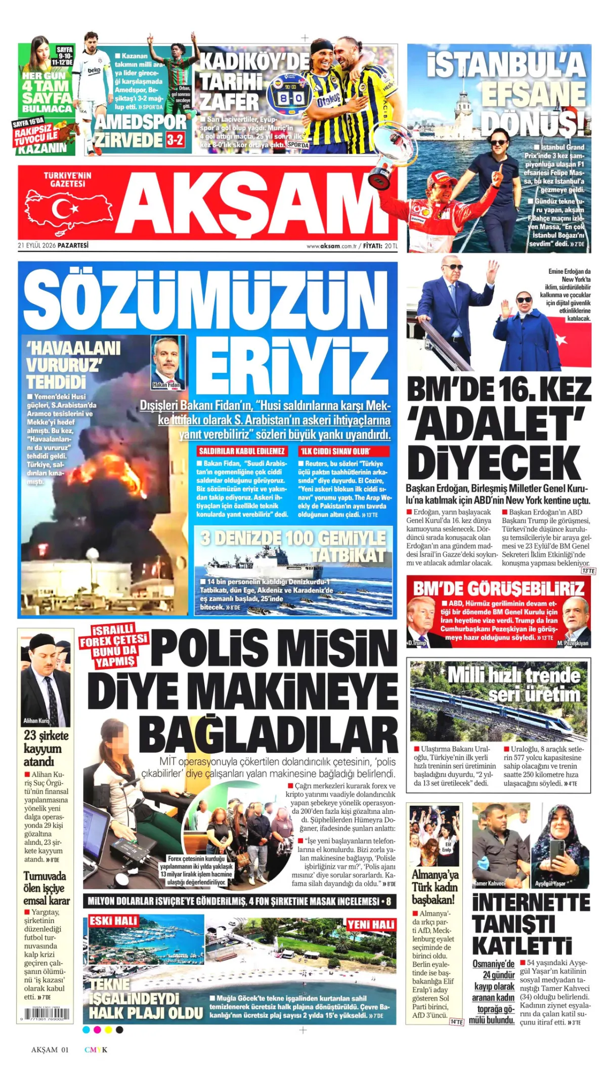Akşam birinci sayfa manşeti (22 Eylül 2026)