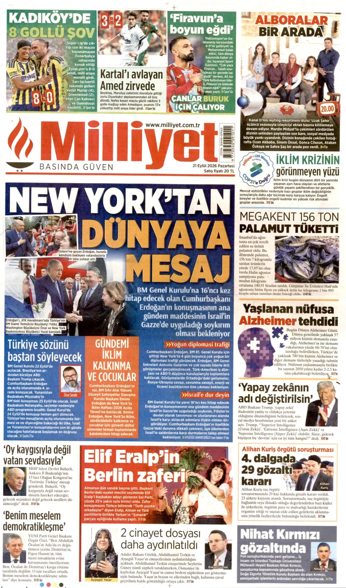 Milliyet birinci sayfa manşeti (22 Eylül 2026)
