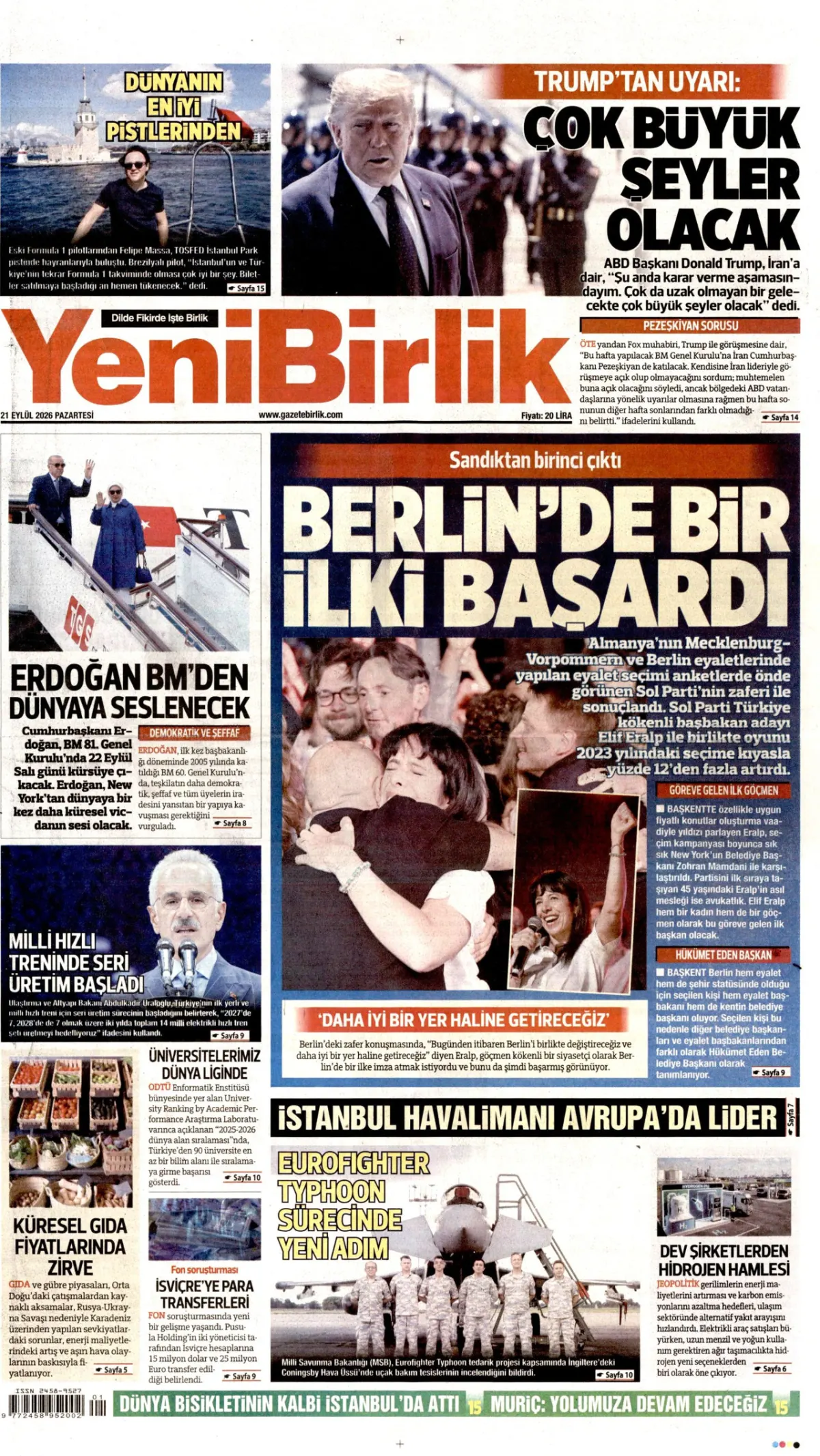 YeniBirlik birinci sayfa manşeti (22 Eylül 2026)