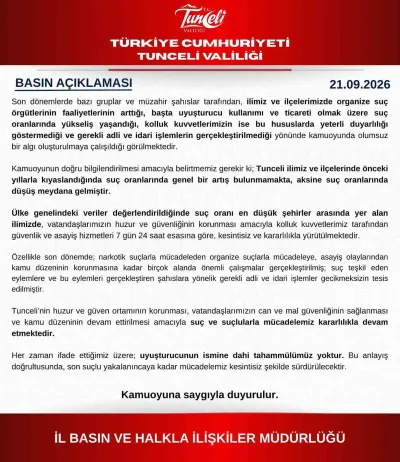 Tunceli Valiliği'nden Asayiş Açıklaması: Suç Oranlarında Artış Yok, Aksine Düşüş Var