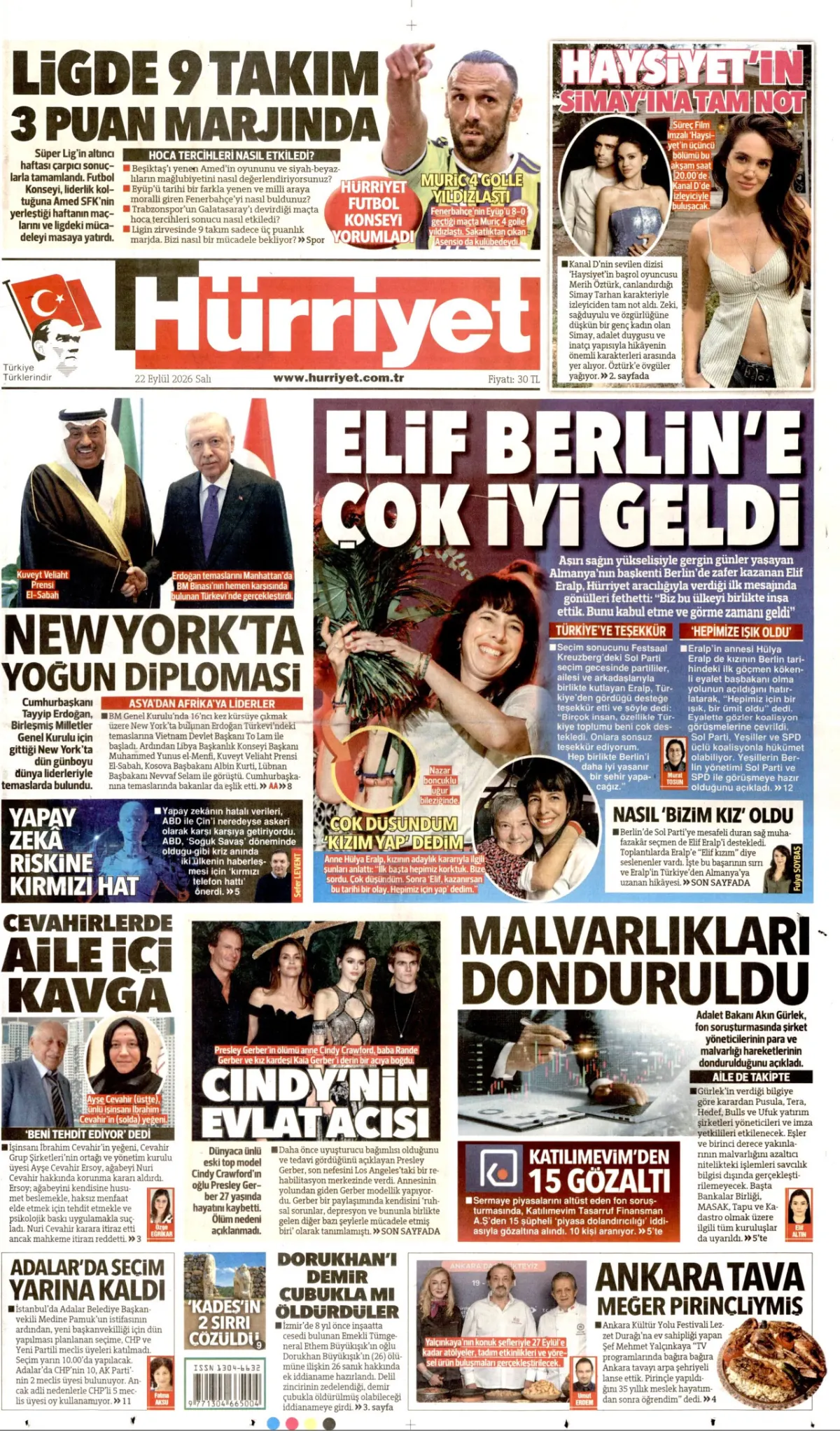 Hürriyet birinci sayfa manşeti (23 Eylül 2026)