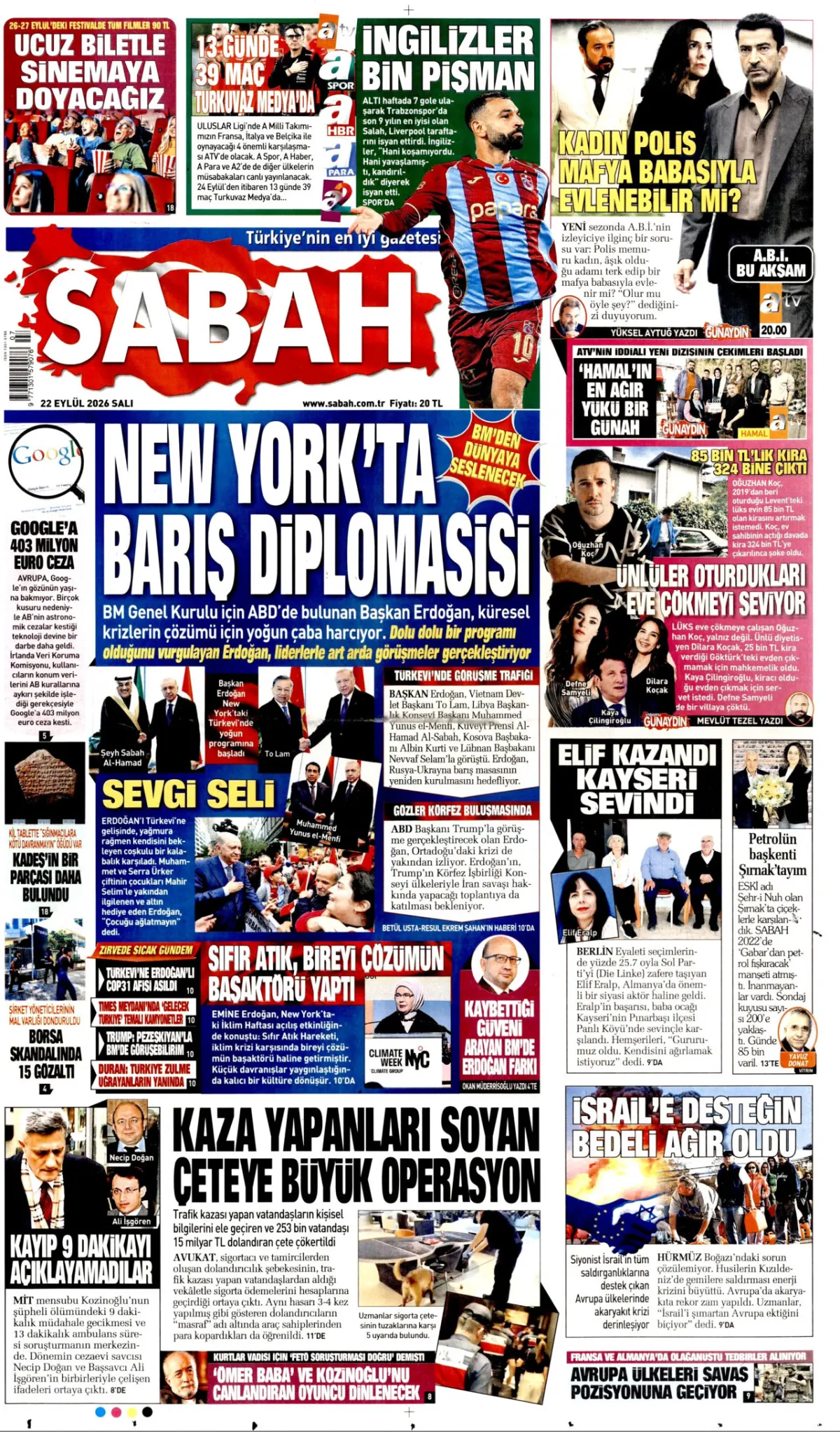Sabah birinci sayfa manşeti (23 Eylül 2026)