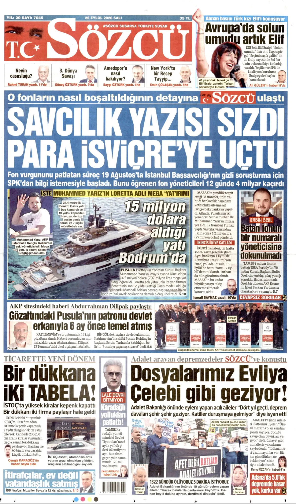 Sözcü birinci sayfa manşeti (23 Eylül 2026)
