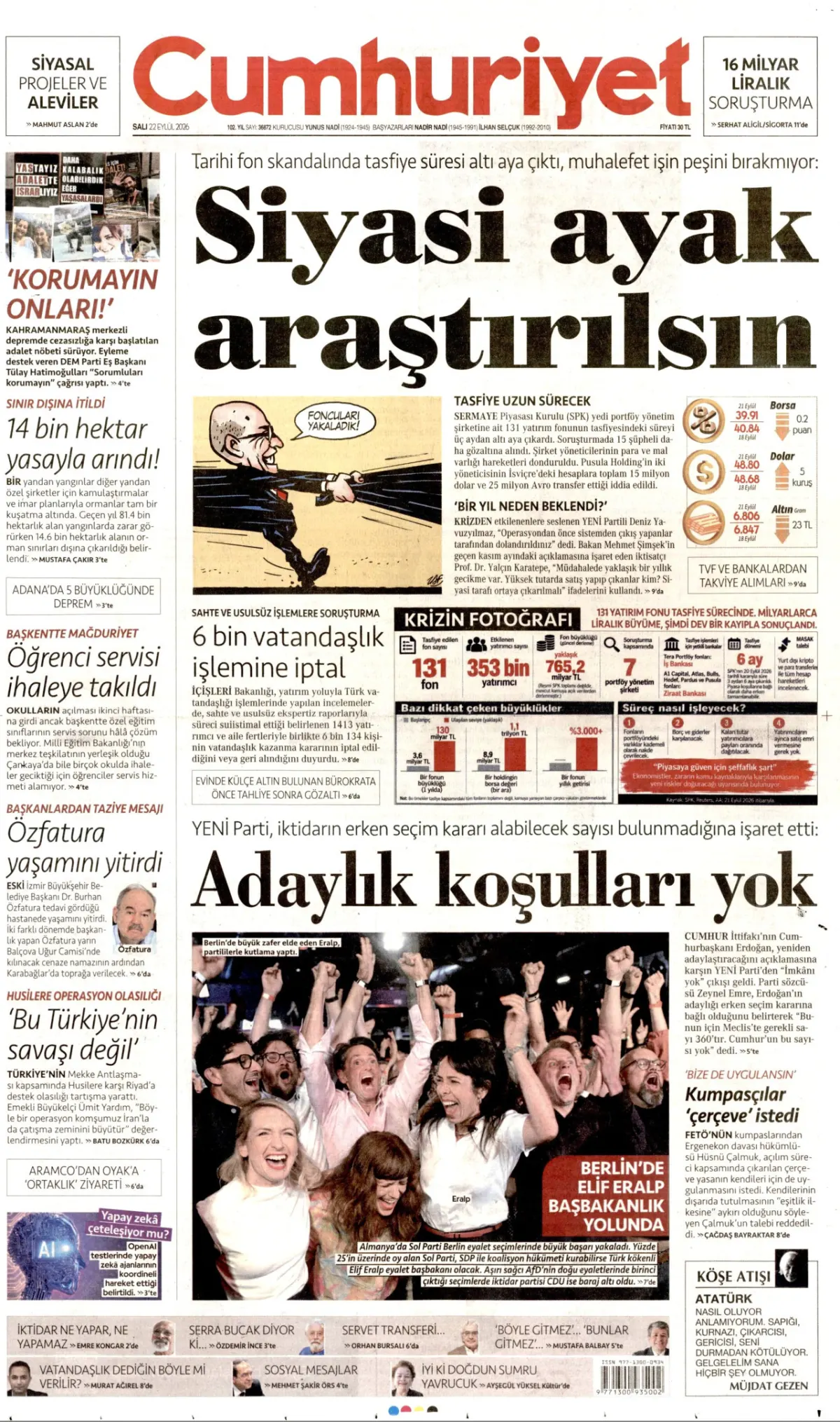 Cumhuriyet birinci sayfa manşeti (23 Eylül 2026)
