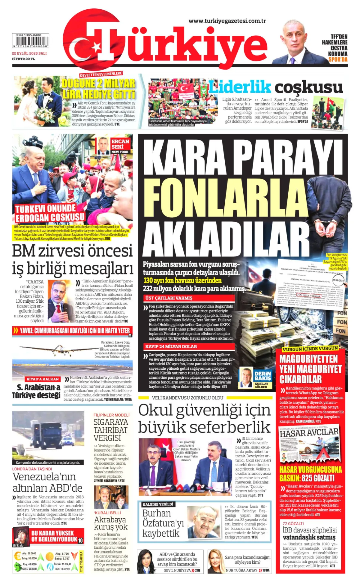 Türkiye birinci sayfa manşeti (23 Eylül 2026)