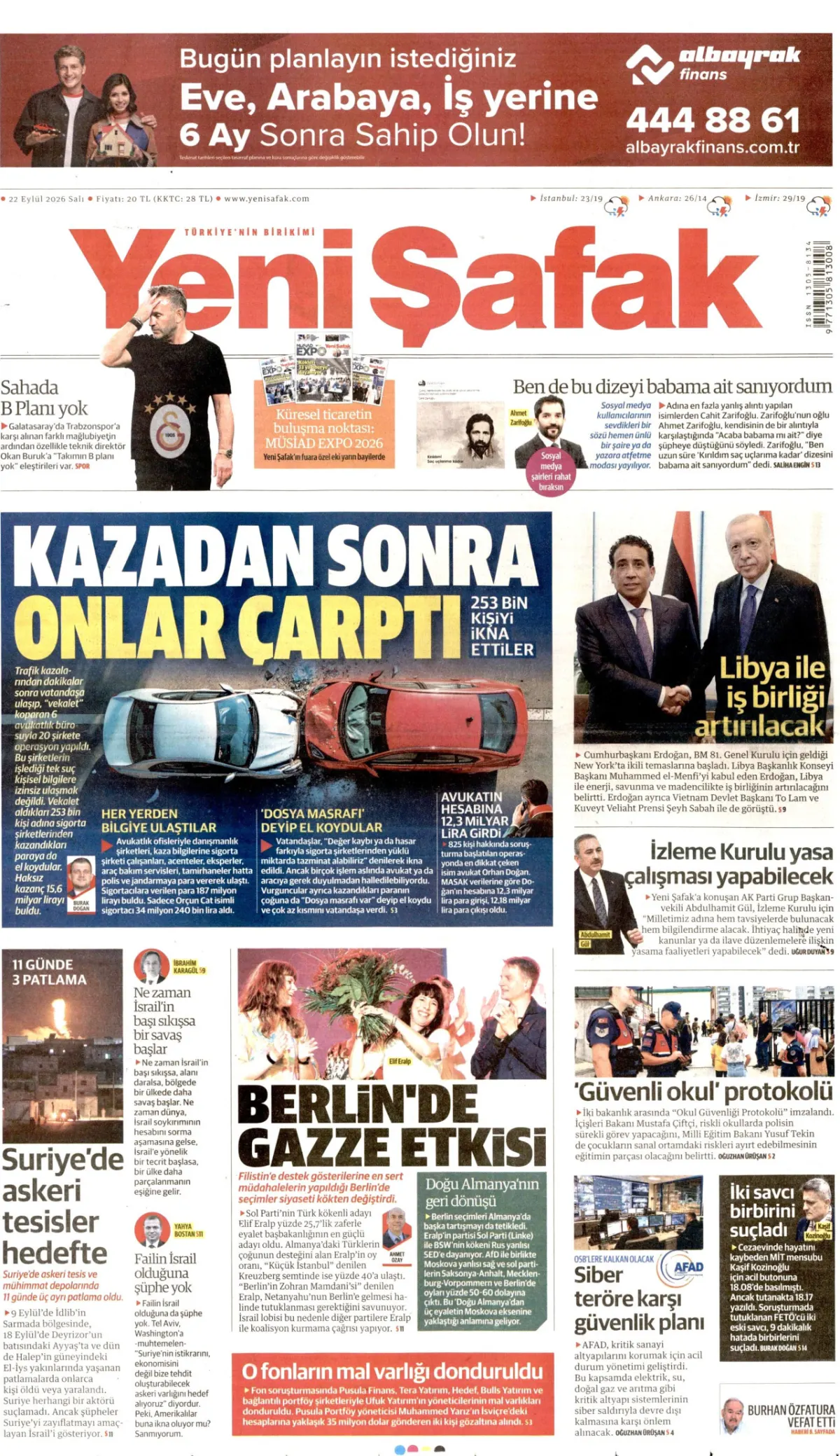 Yeni Şafak birinci sayfa manşeti (23 Eylül 2026)